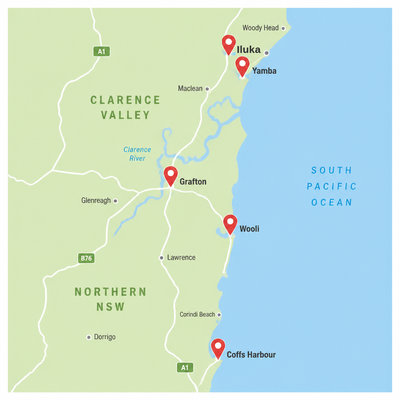 Map of the Clarence Valley tow truck service area covering Grafton, Maclean, Yamba and Iluka